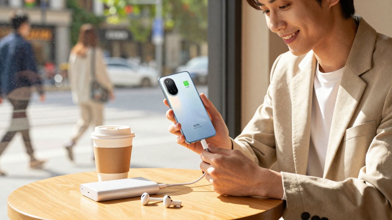 Homem sentado em mesa de café conectando celular Xiaomi a power bank para carregar bateria.