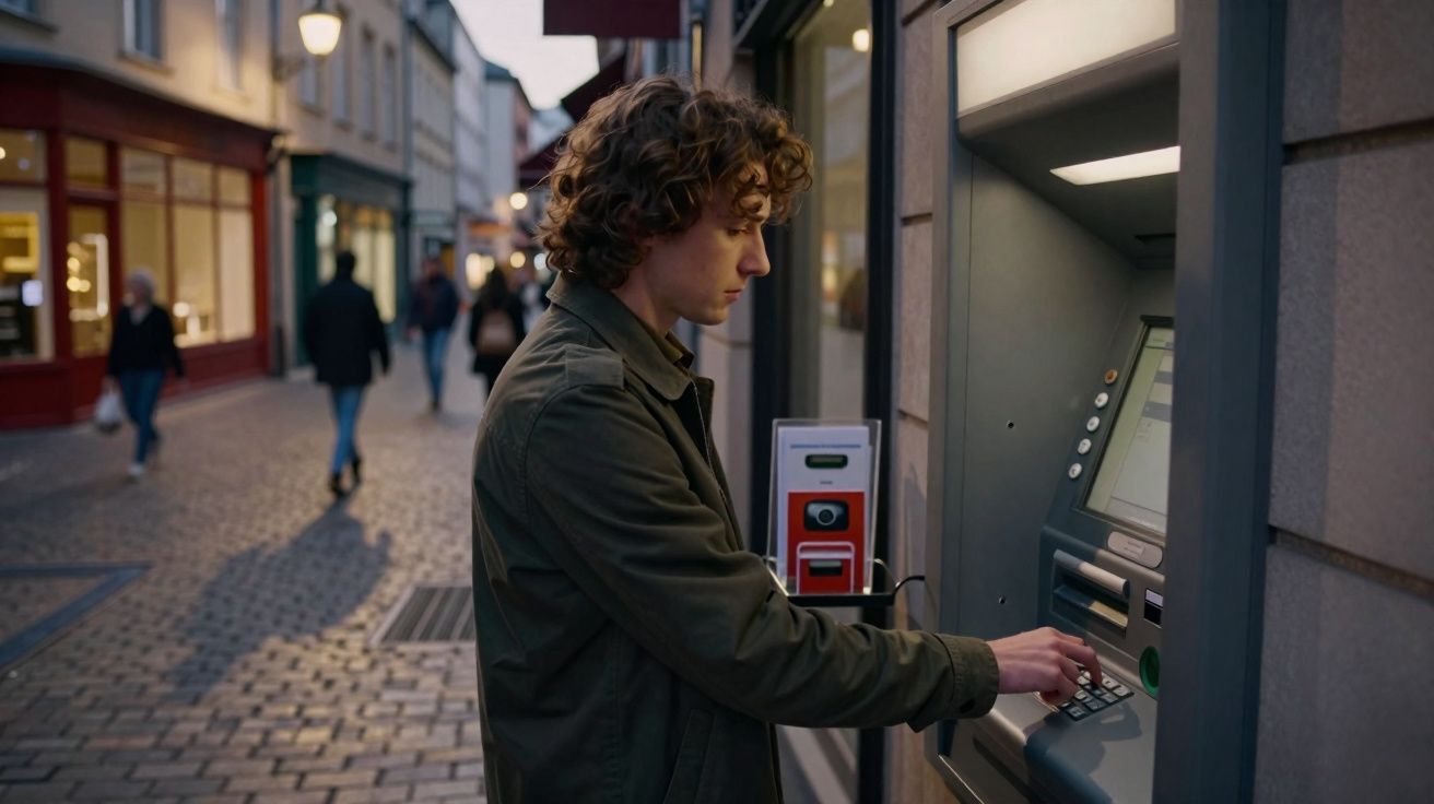 Jovem usando caixa eletrônico na rua de calçada com pedras, ao entardecer, com outras pessoas ao fundo.
