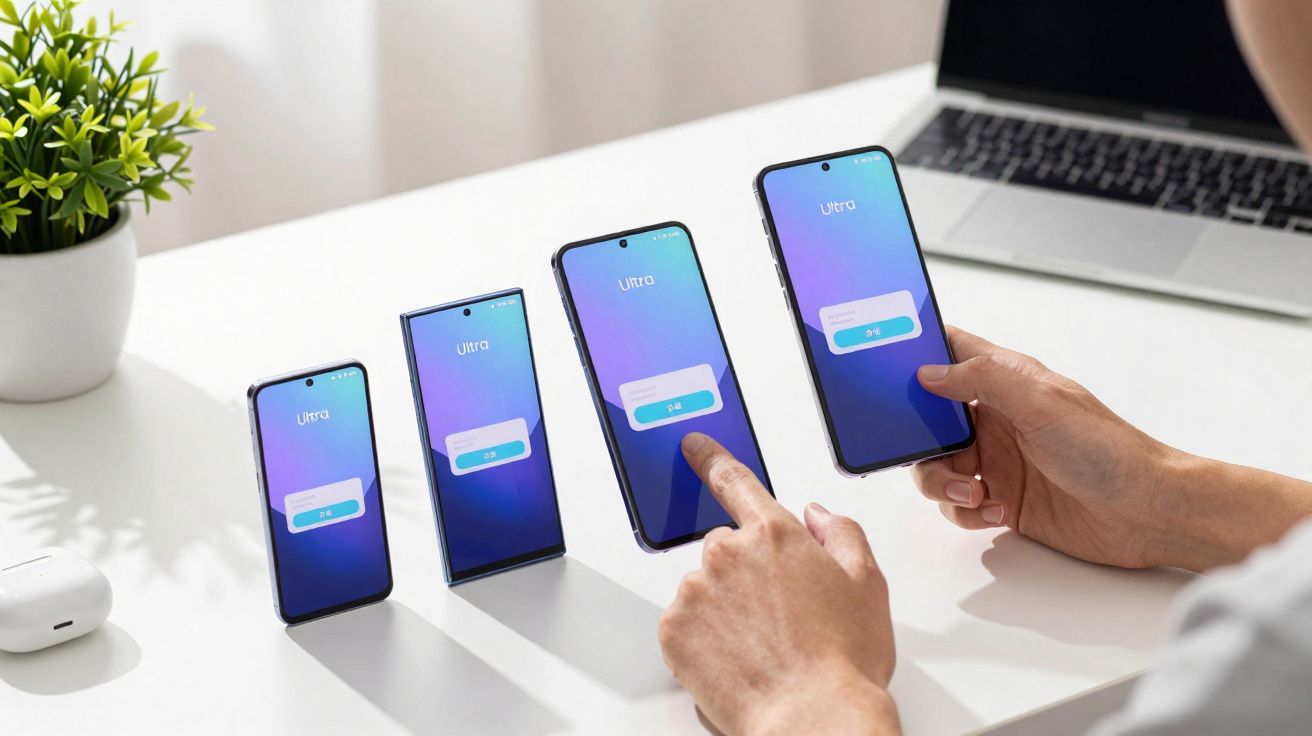 Pessoa comparando quatro celulares Ultra de diferentes tamanhos em uma mesa branca com laptop e planta.