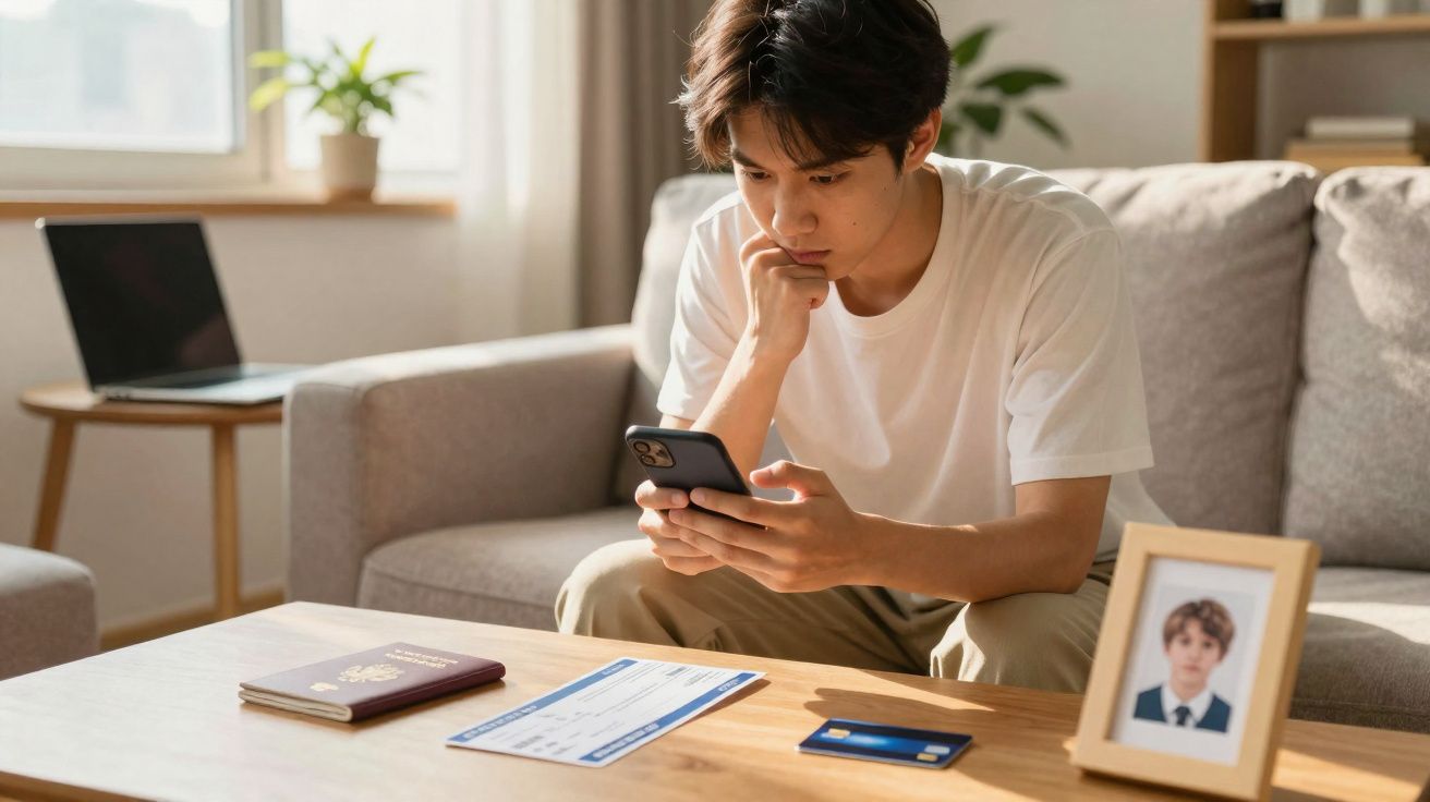 Jovem sentado no sofá, olhando para o celular com documentos, cartão e foto sobre a mesa de centro.