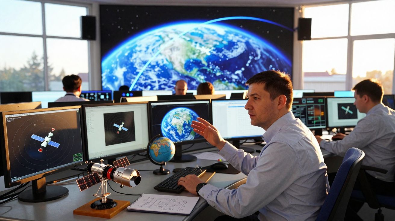Homem em sala de controle com múltiplos monitores exibindo imagens da Terra e satélites em órbita.