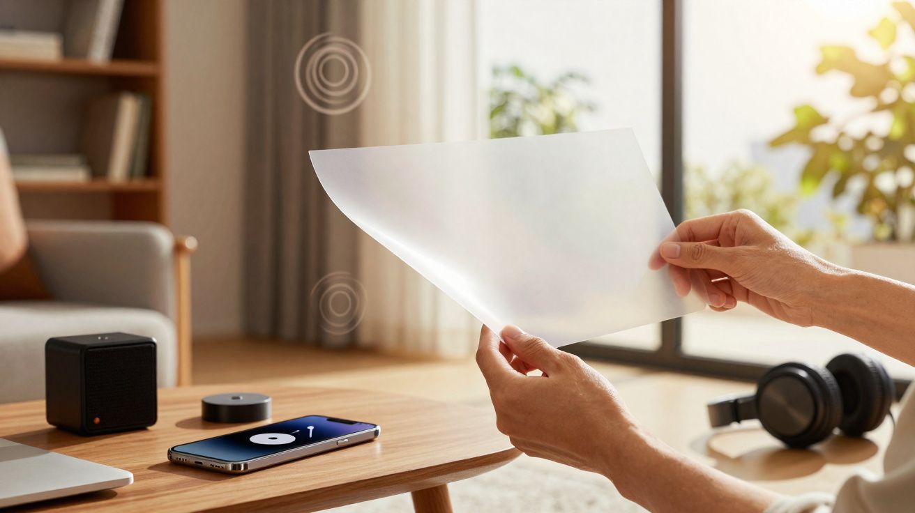 Pessoa segurando papel translúcido em sala com mesa, smartphone, fones de ouvido e alto-falante.