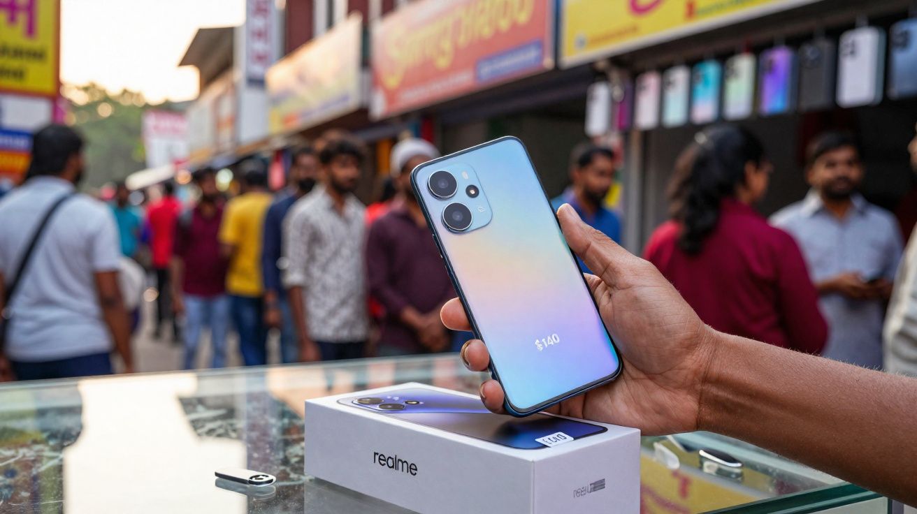 Pessoa segurando smartphone Realme azul com caixa sobre vidro em rua movimentada.