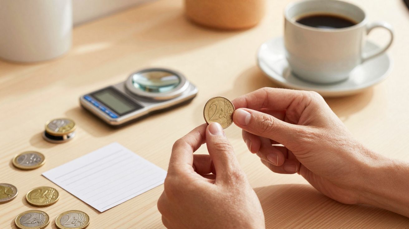 Mãos segurando moeda de 2 euros sobre mesa com mais moedas, papel, balança digital e xícara de café.