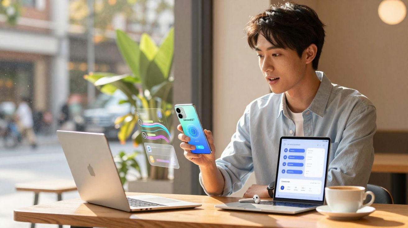 Jovem usando smartphone e laptop para comunicação digital, com interface virtual projetada em mesa de café.