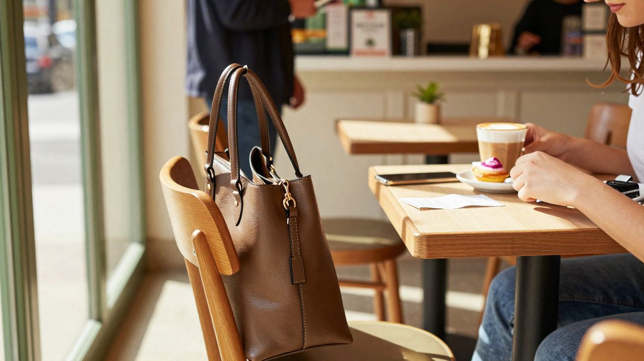 Bolsa marrom pendurada em cadeira de madeira em cafeteria com pessoa segurando xícara de café.