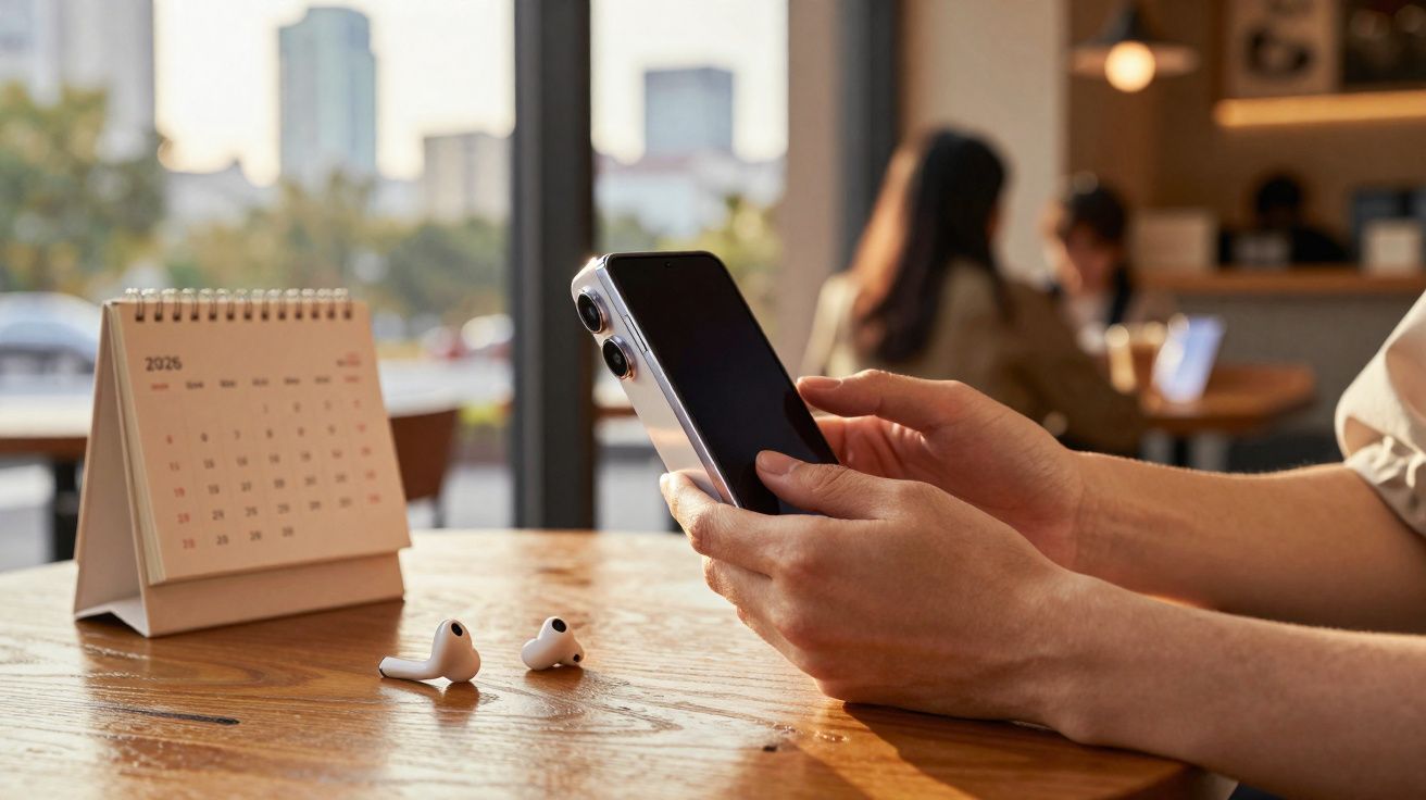 Pessoa segurando smartphone em mesa com fones de ouvido e calendário, em ambiente de cafeteria.