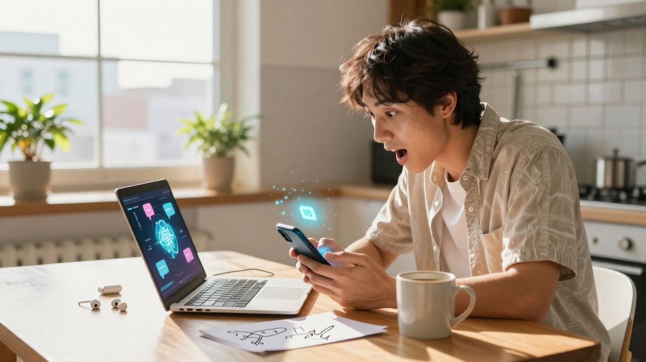 Jovem surpreso usando celular e notebook com imagem digital de cérebro e ícones de mensagens.