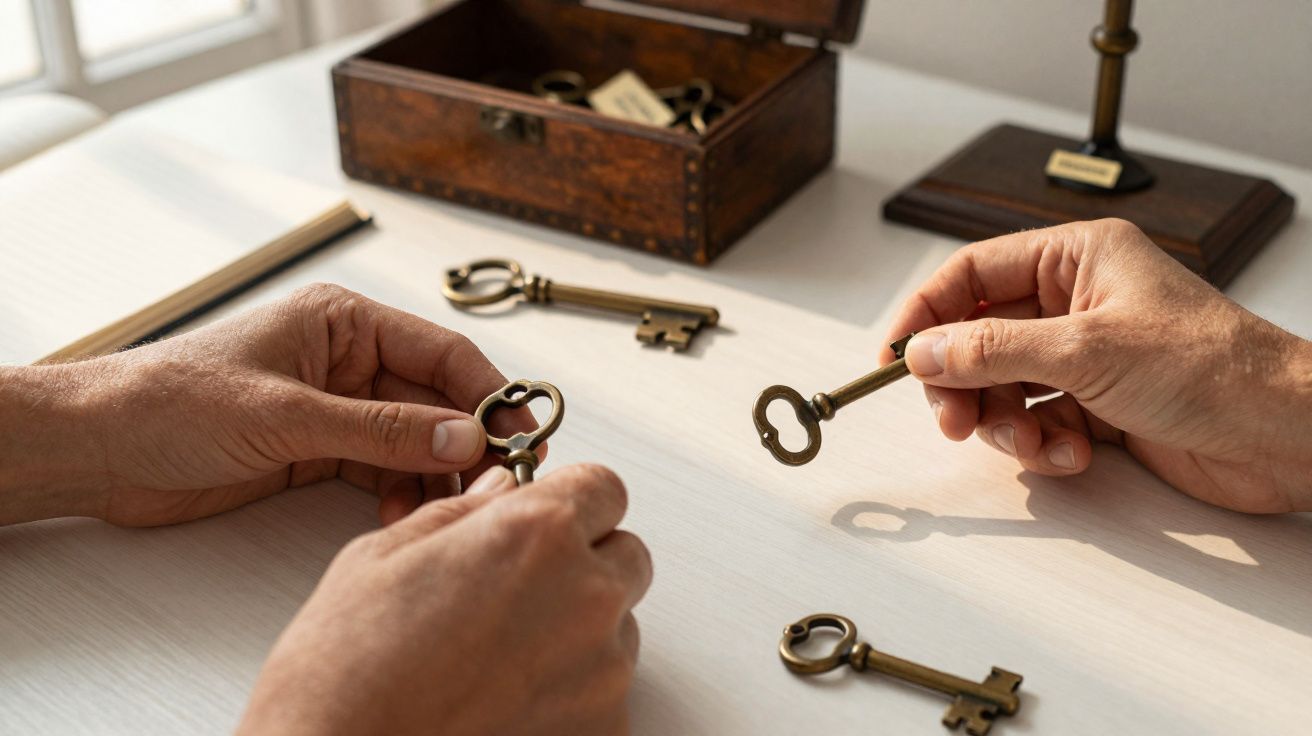 Duas mãos segurando chaves antigas de metal próximo a uma caixa de madeira aberta sobre mesa clara.