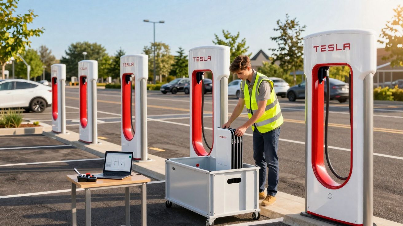 Homem com colete refletivo instala bateria em estação de recarga Tesla em estacionamento ao ar livre.
