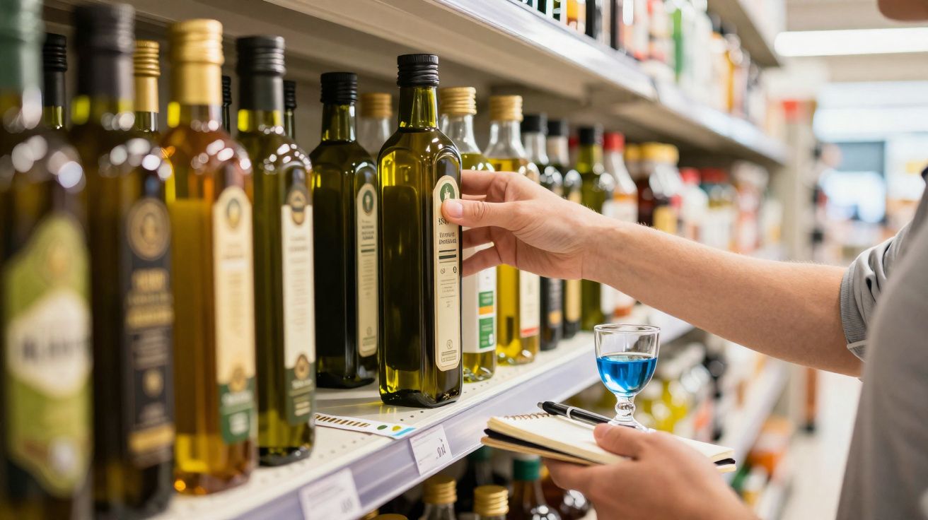 Pessoa segurando um caderno e pegando uma garrafa de azeite em prateleira de supermercado.