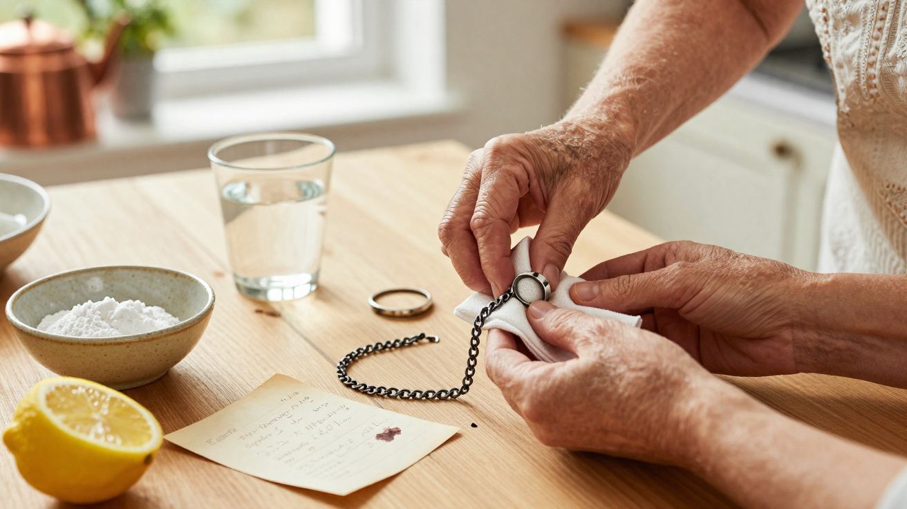 Mãos de idoso limpando um relógio de bolso com um pano em uma mesa com limão, tigelas e copo d'água.