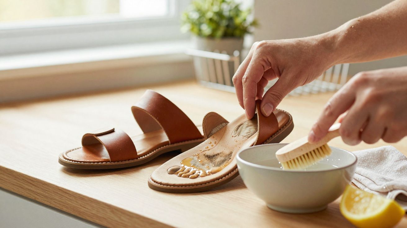Pessoas limpando a sola de um chinelo de couro marrom com escova e água em uma mesa de madeira.