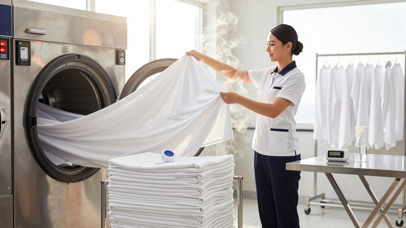 Mulher retirando lençol branco quente de máquina de lavar industrial em lavanderia com roupas e mesa.