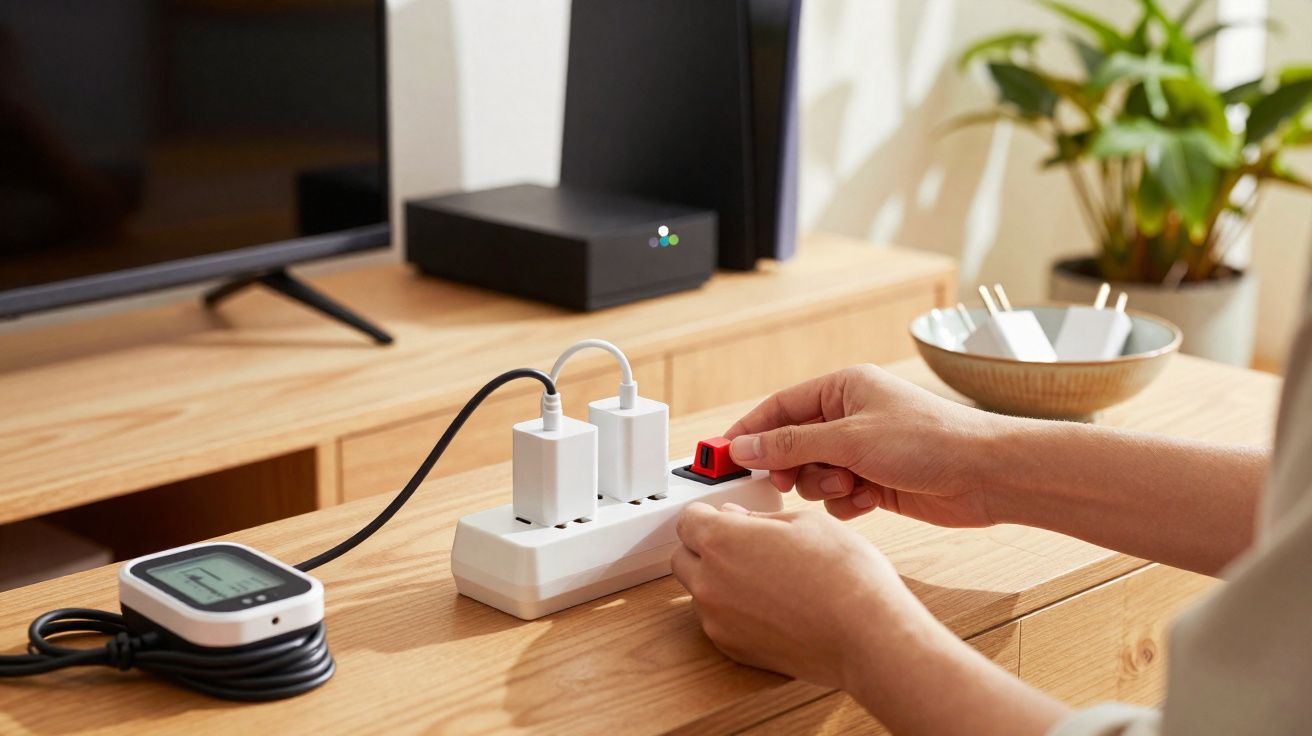 Pessoa ligando régua de energia com dispositivos eletrônicos em mesa de madeira clara.