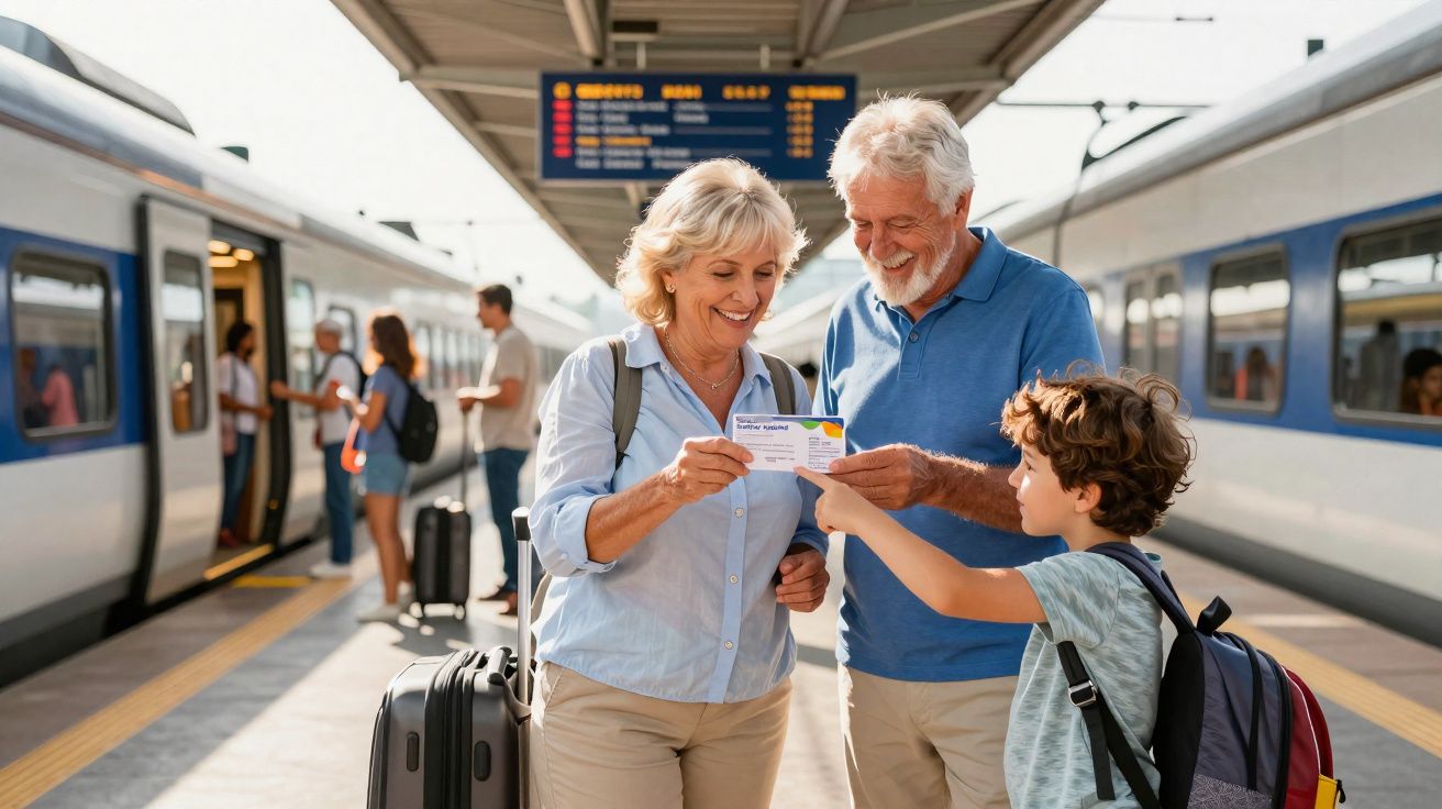 Casal idoso e criança segurando passagem na plataforma de estação com trens e passageiros ao fundo.