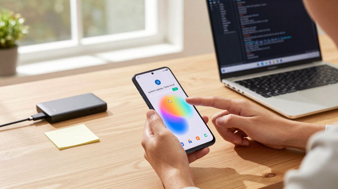 Pessoa usando smartphone com aplicativo aberto, sentada à mesa com notebook ao fundo.