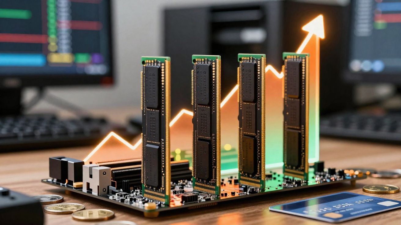 Placas de memória RAM instaladas em placa-mãe com seta luminosa indicando crescimento ou progresso.