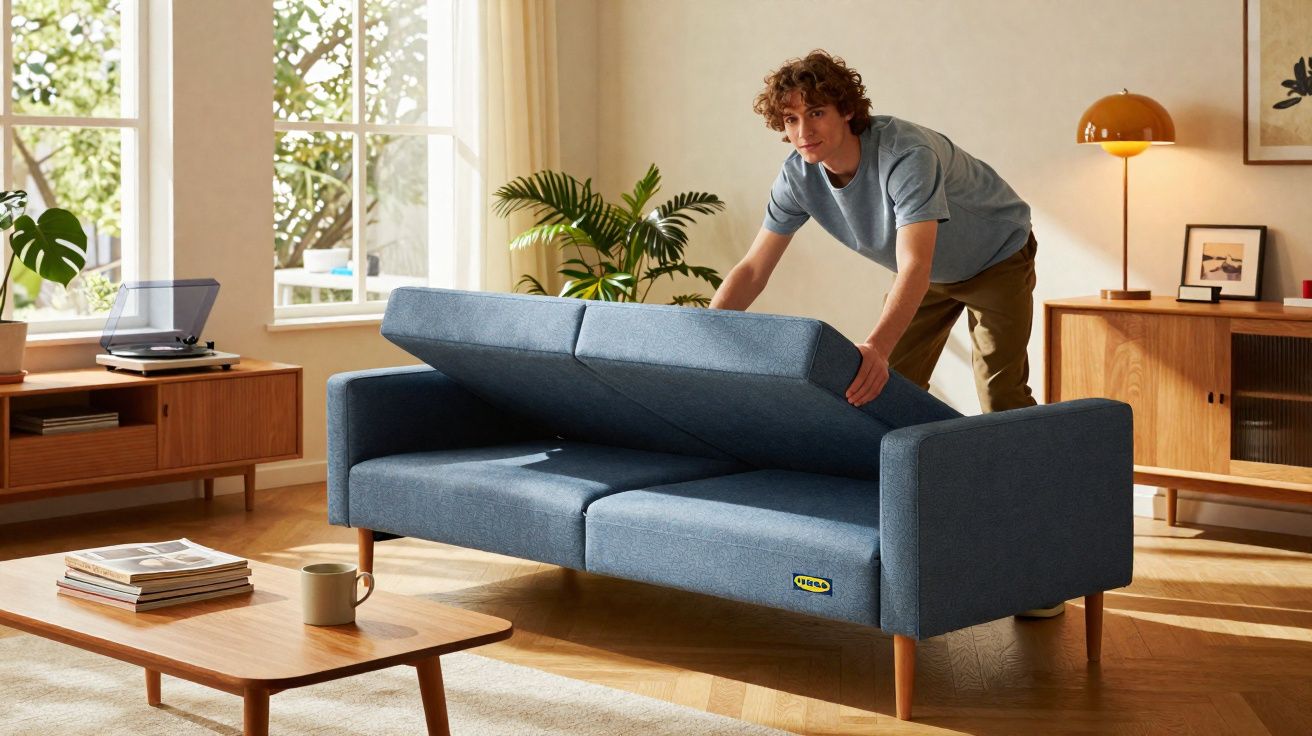 Pessoa ajustando assento de sofá azul em sala de estar com mobília de madeira e iluminação natural.