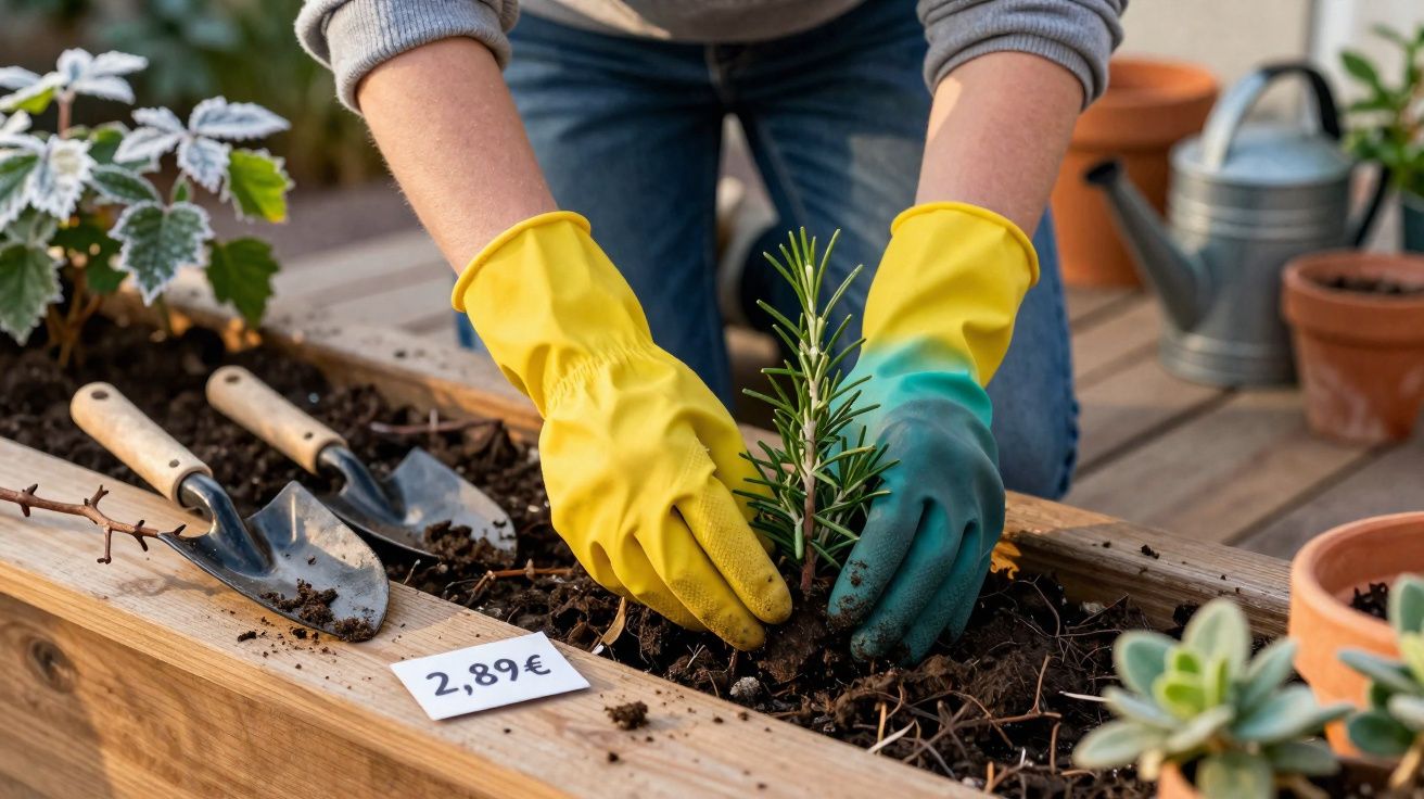 Pessoa usando luvas de jardinagem plantando muda de alecrim em canteiro elevado de madeira.