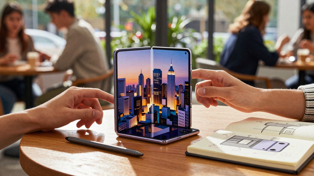 Pessoa manuseando celular dobrável em mesa com caderno de anotações e caneta, em ambiente de café.