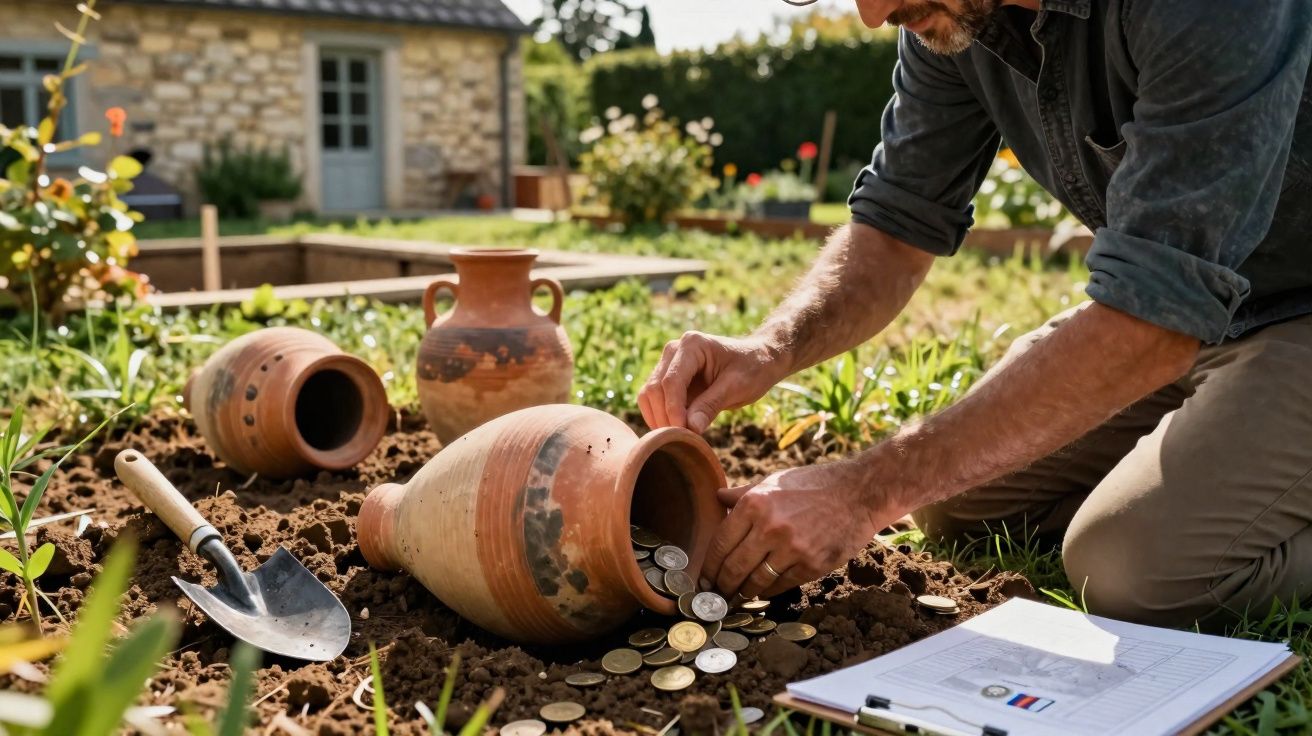 Homem enterrando moedas em vaso de cerâmica em jardim com pá e prancheta ao lado.