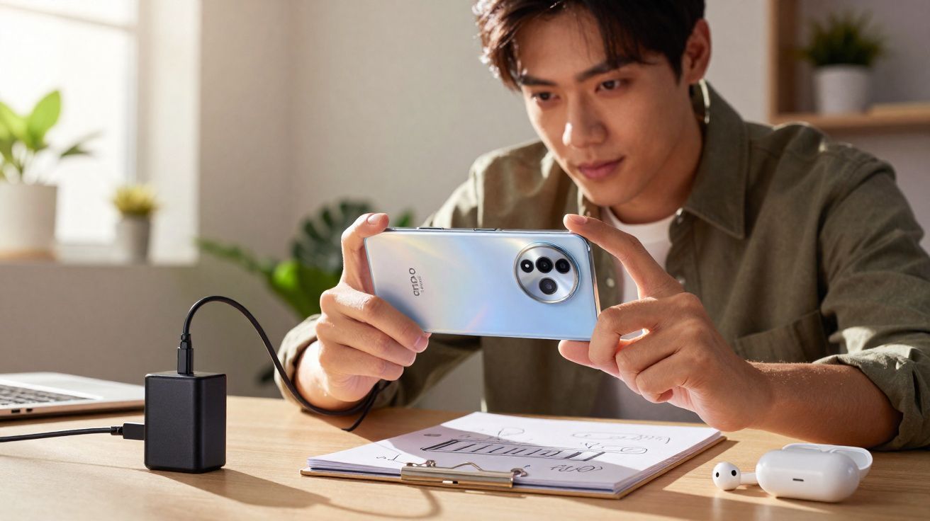 Homem fotografando anotações em papel com celular prateado em ambiente de trabalho iluminado.