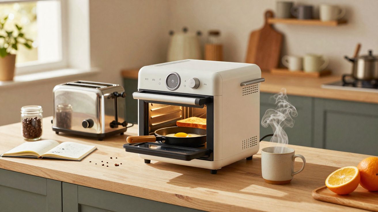 Forno elétrico branco com frigideira e torrada, chaleira e café na bancada da cozinha.