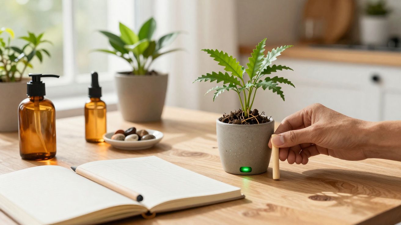 Mão segurando dispositivo próximo a vaso com planta sobre mesa de madeira, com livro, frascos e pedras ao fundo.