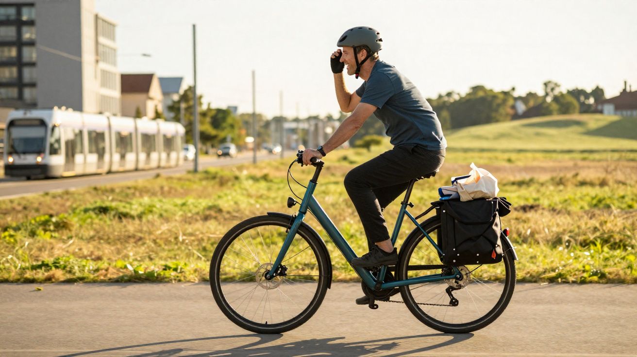 Homem de capacete andando de bicicleta em ciclovia ao ar livre, falando ao celular.