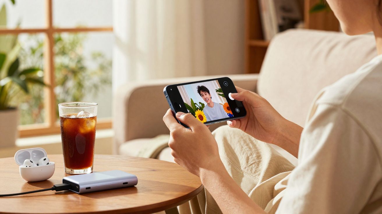 Pessoa segurando smartphone em vídeo chamada, mesa com copo de bebida, power bank e fones de ouvido sem fio.