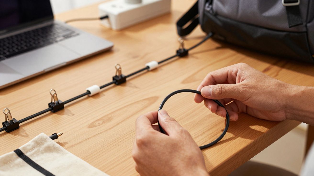 Mãos segurando cabo preto próximo a mesa com laptop, régua organizadora de cabos e mochila cinza.