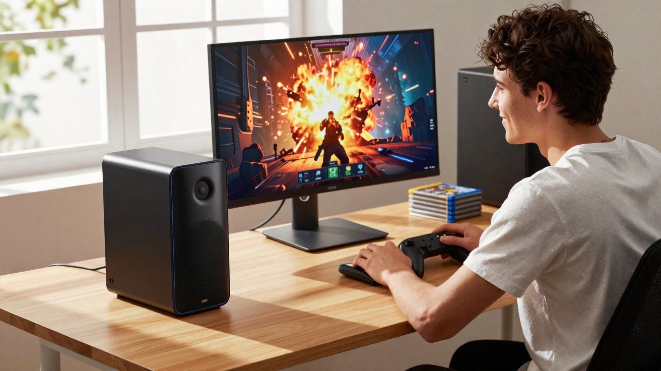 Jovem jogando videogame em computador com explosão na tela e caixa de som sobre mesa madeira clara.