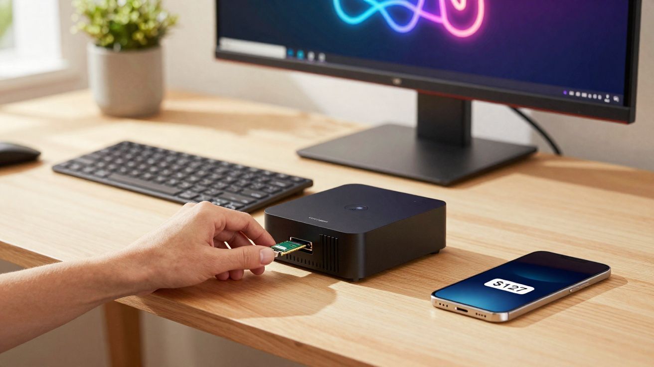 Pessoa conectando pen drive em mini computador preto ao lado de celular e monitor em mesa de madeira.