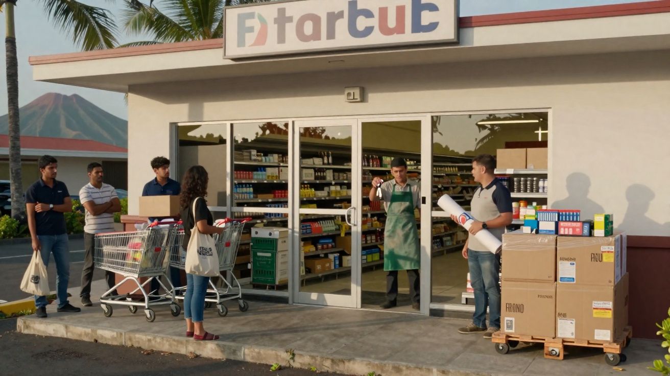 Loja com fachada clara e clientes na fila enquanto atendente abre porta de vidro ao lado de pallets com caixas.