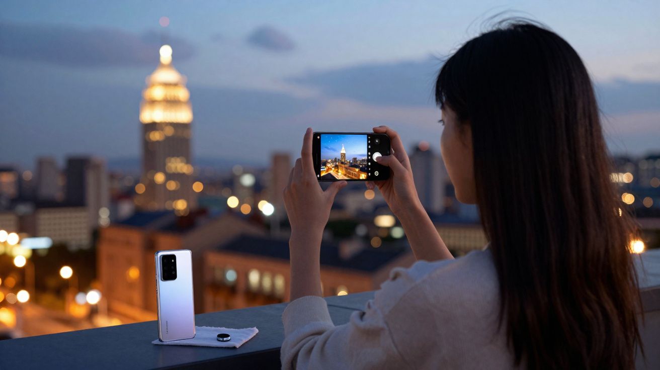 Mulher fotografa prédio iluminado ao entardecer com smartphone em área externa urbana.