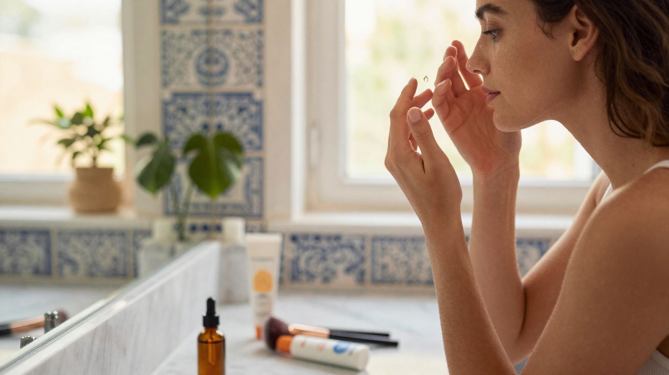 Mulher aplicando creme no rosto em banheiro com azulejos azuis e plantas ao fundo.