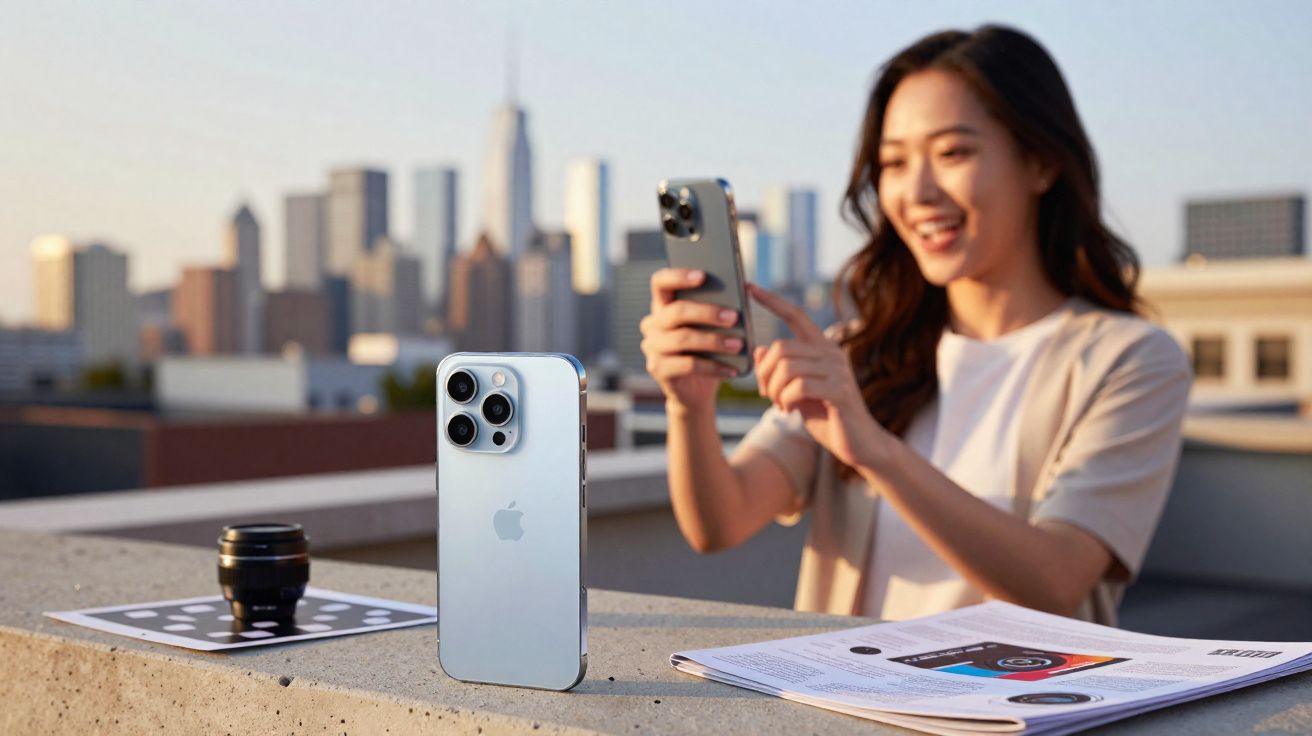 Mulher sorrindo fotografa um iPhone prateado apoiado em um muro com cidade ao fundo.