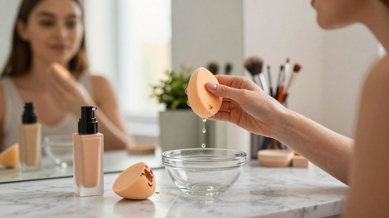 Mulher espremendo esponja de maquiagem sobre pia com produtos e pincéis ao fundo.