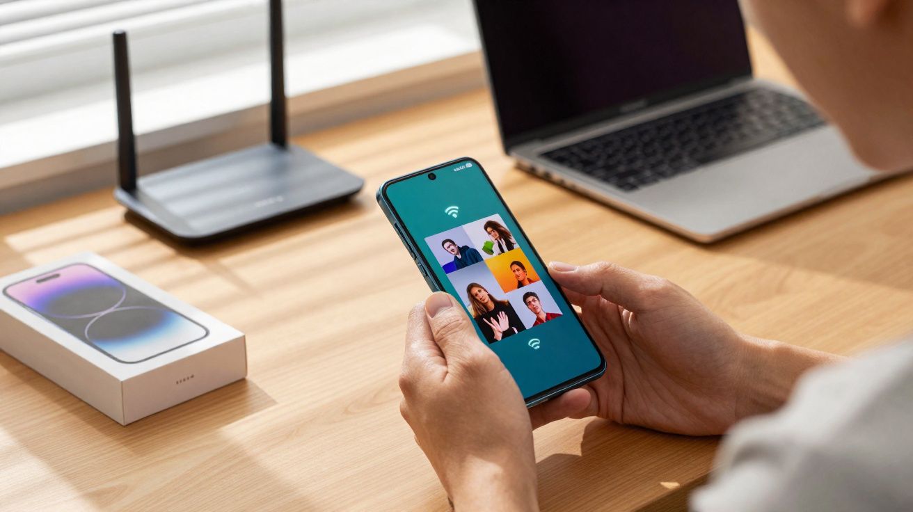 Pessoa segurando smartphone com vídeo chamada, notebook, roteador e caixa de celular sobre mesa de madeira.