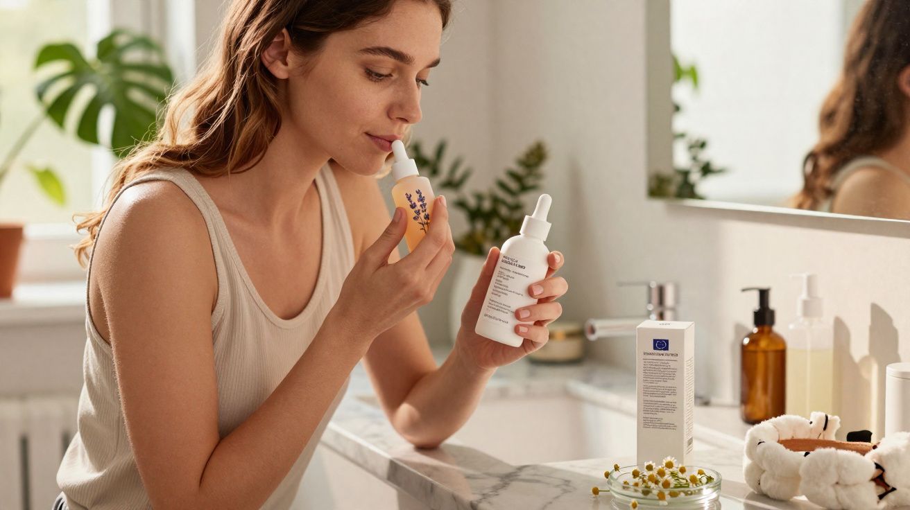 Mulher segura frascos de cosméticos e cheira um deles em banheiro com pia e espelho.