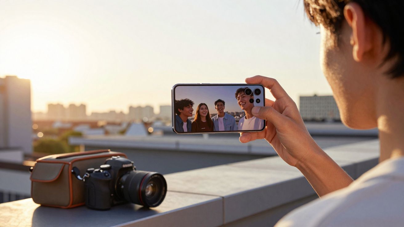 Pessoa tira selfie com grupo de amigos ao pôr do sol em área urbana, câmera e bolsa ao lado.