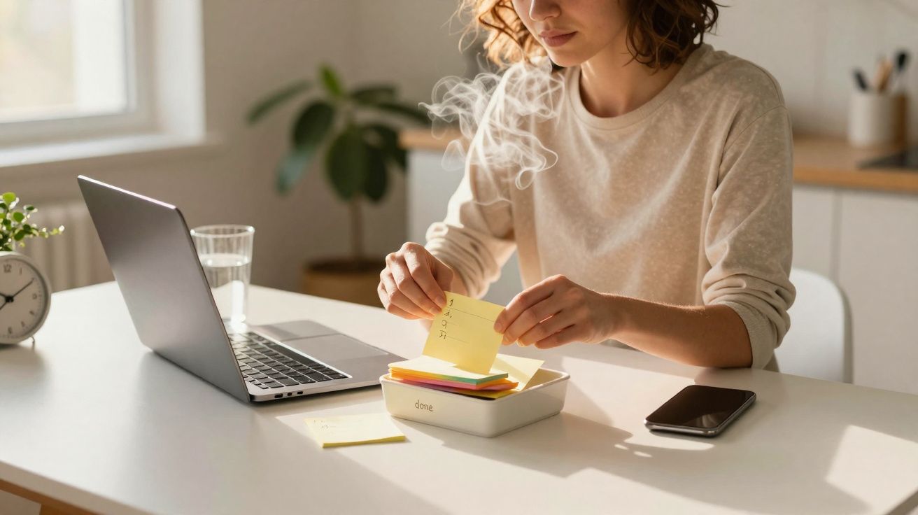 Mulher sentada à mesa organizando lembretes em post-its ao lado de notebook e celular em ambiente iluminado.