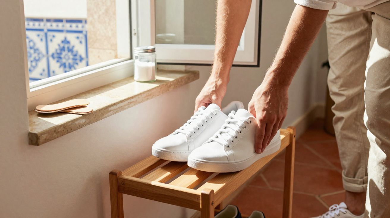 Pessoa organizando tênis branco em banco de madeira perto de janela com luz natural entrando.