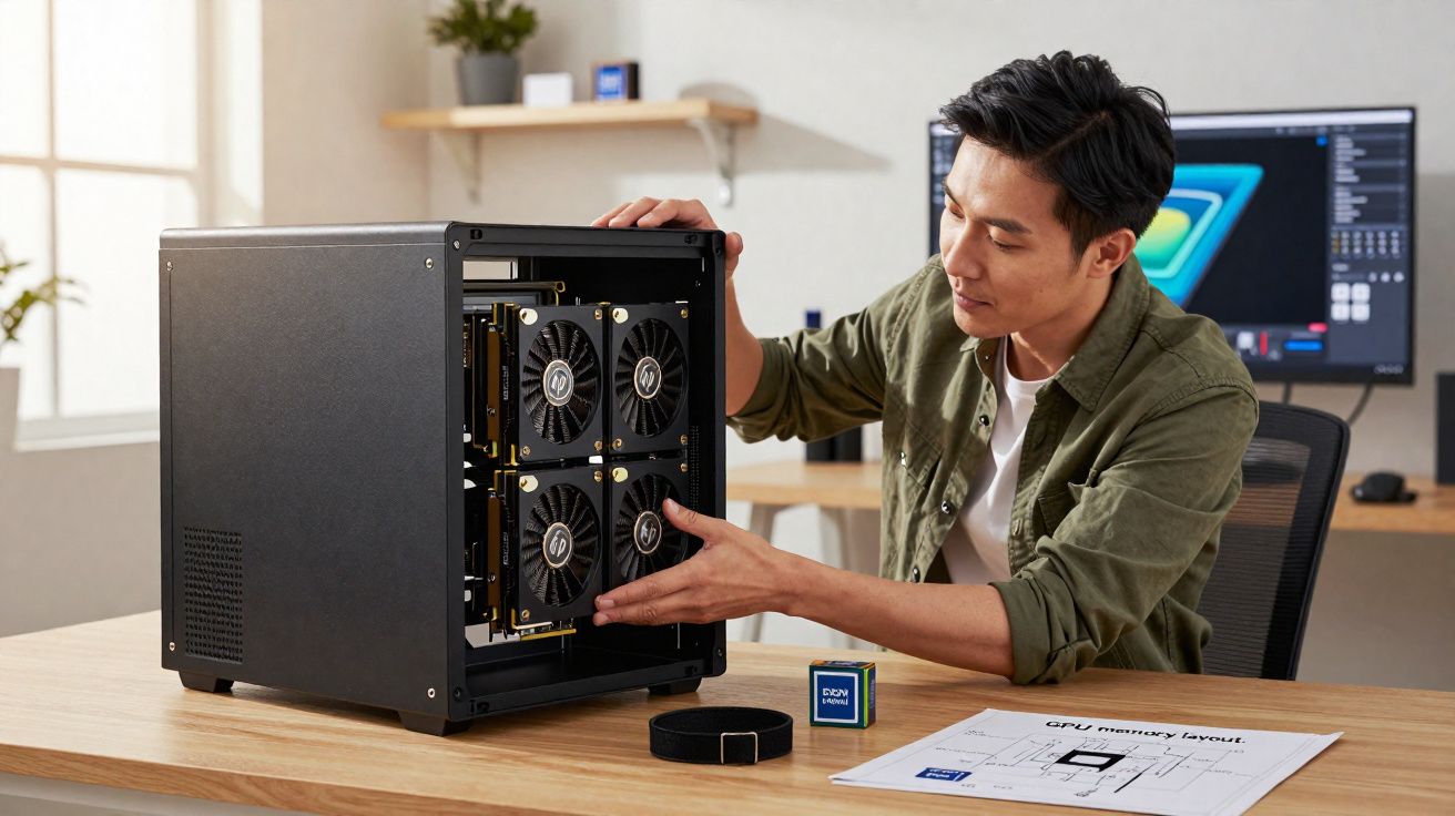 Homem instalando placas de vídeo em gabinete de computador em mesa de madeira.