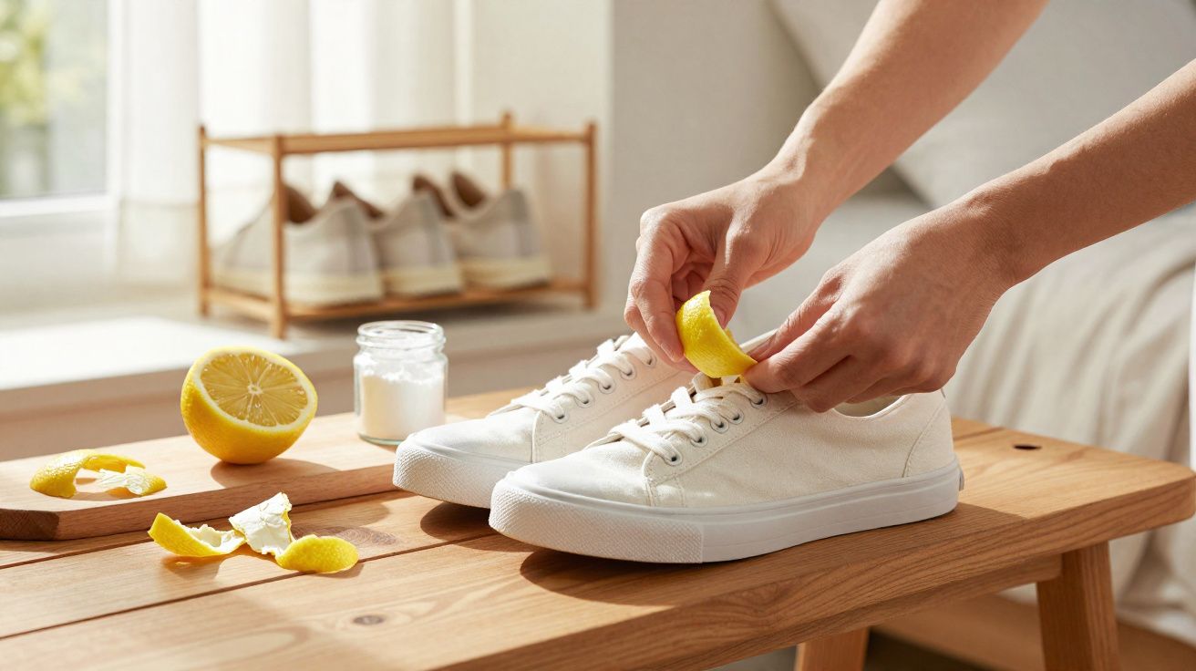 Pessoa limpando tênis branco com casca de limão sobre mesa de madeira, com bicarbonato em pote ao fundo.