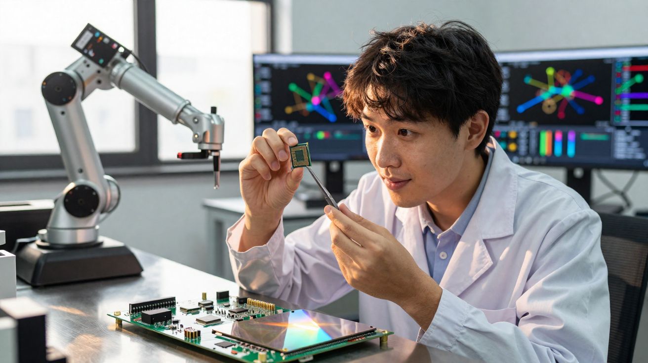 Homem segurando chip eletrônico em laboratório com circuito e braço robótico ao fundo.