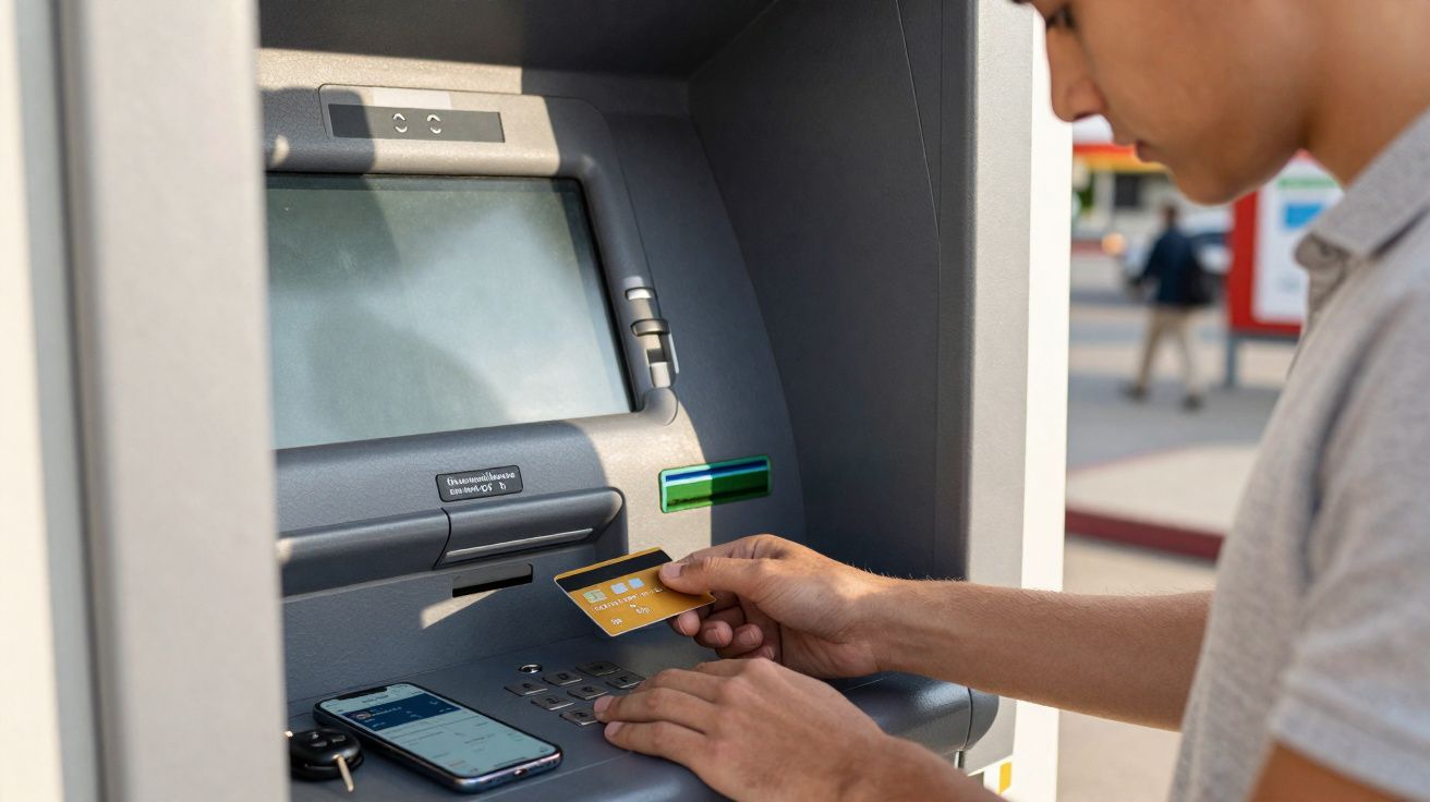 Pessoa inserindo cartão em caixa eletrônico com celular ao lado sobre o caixa.