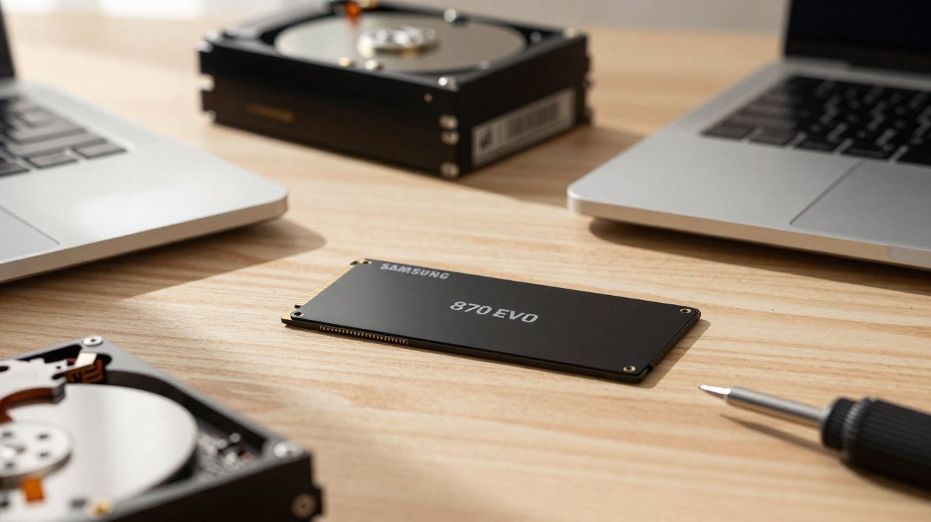 SSD Samsung 870 EVO sobre mesa de madeira cercado por notebooks, HDs abertos e chave de fenda.
