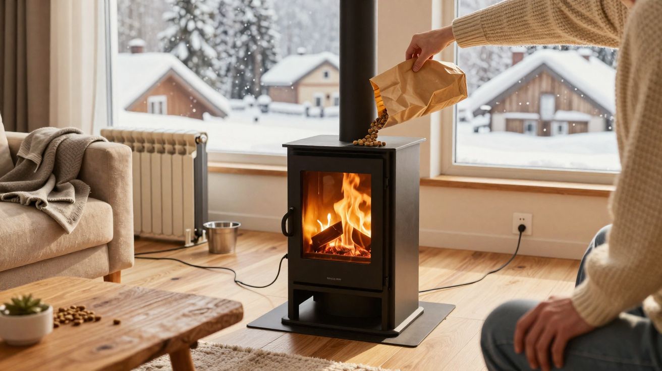 Pessoa colocando bolinhas de madeira em lareira a lenha dentro de casa com janela para neve.